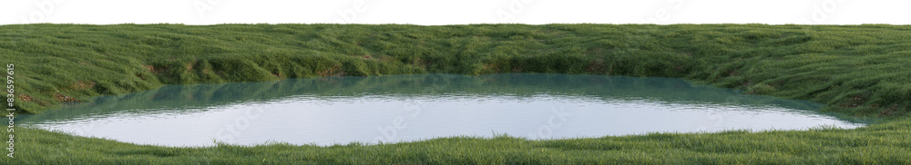 Poster a lake surrounded by meadow and grass field with isolated on transparent background - png file, 3d r