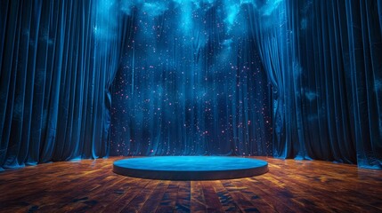 Empty stage with dramatic blue curtains and spotlights, ready for a performance. Wooden floor enhances the theatrical atmosphere.