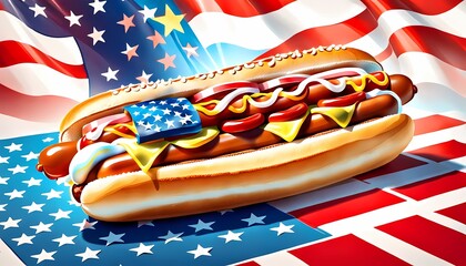 classic american hotdog with patriotic flag Celebrating Independence day on 4th July with an American stars and stripes flag in the background, Generative AI
