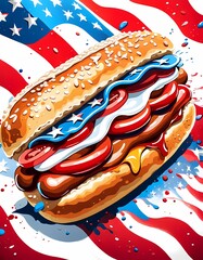 classic american hotdog with patriotic flag Celebrating Independence day on 4th July with an American stars and stripes flag in the background, Generative AI