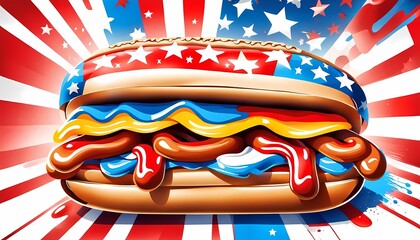 classic american hotdog with patriotic flag Celebrating Independence day on 4th July with an American stars and stripes flag in the background, Generative AI