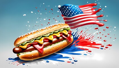 classic american hotdog with patriotic flag Celebrating Independence day on 4th July with an American stars and stripes flag in the background, Generative AI