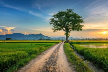 Fototapeta premium Bicycle on a background of a tree and a green field. Colorful landscape isolated. Without a person