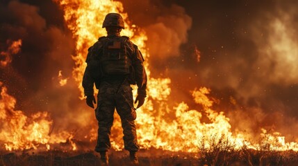 clear image of a fighter standing in front of a large fire
