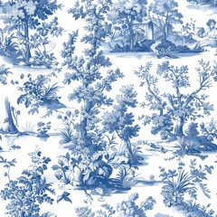 Seamless pattern Toile De Jouy blue