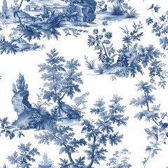 Seamless pattern Toile De Jouy blue