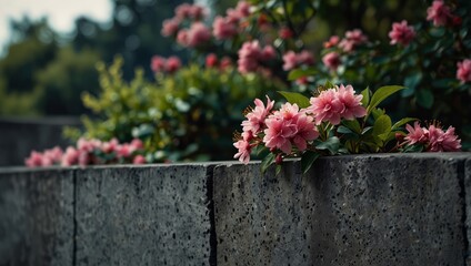 A cluster of pink blossoms perched atop a gray concrete barrier in front of a verdant shrub.