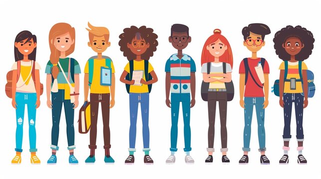 diverse student body logo flat design front view high school theme cartoon drawing Analogous Color Scheme