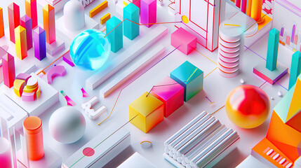 A vibrant and colorful 3D render of graphs, charts, data points, icons and elements for business marketing and social media on a white background