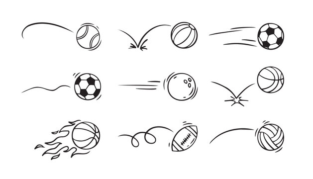  Doodle sport ball trajectory bounce collection. Line hand drawn balls set