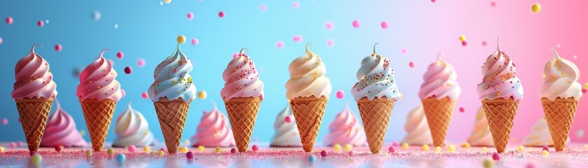 Colorful Ice Cream Cones with a Bright Summer Sky