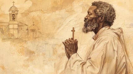 Biblical Illustration of Saint Peter Claver in deep prayer, holding a cross, serene church setting, piety and dedication, peaceful and holy atmosphere, beige background, copyspace