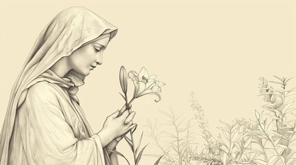Biblical Illustration of Saint Gabriel of Our Lady of Sorrows holding a lily, symbolizing purity, in a serene garden, beige background, copyspace