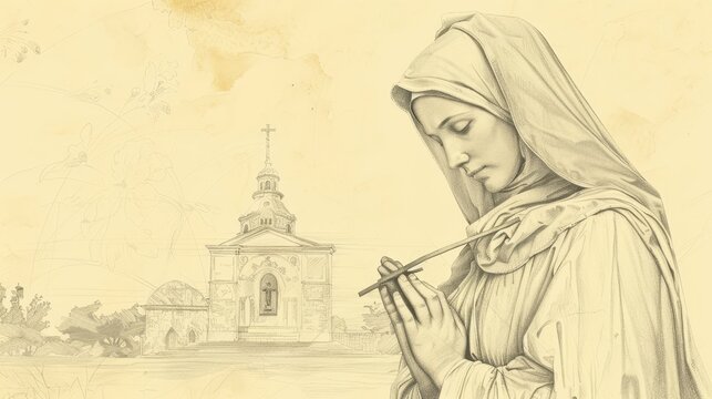 Biblical Illustration of Saint Margaret Mary Alacoque in deep prayer, holding a cross, serene church setting, piety and dedication, beige background, copyspace
