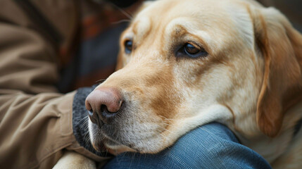 A detailed shot of a guide dogâs muzzle resting on its handlerâs lap, showing comfort and companionship.