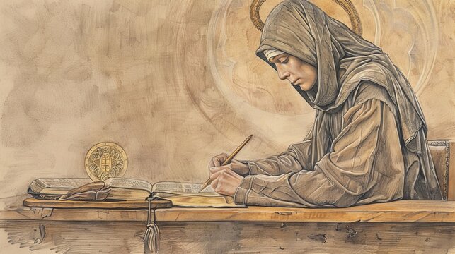 Biblical Illustration of Saint Gertrude Writing Spiritual Texts on Beige Background with Copyspace