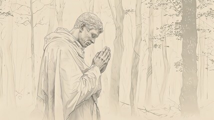 Fototapeta premium Biblical Illustration of Saint Kevin in deep prayer in a forest chapel, emphasizing his piety and devotion, serene forest setting, beige background, copyspace