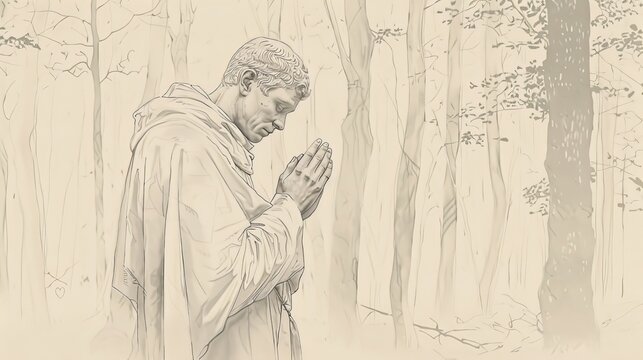 Biblical Illustration of Saint Kevin in deep prayer in a forest chapel, emphasizing his piety and devotion, serene forest setting, beige background, copyspace