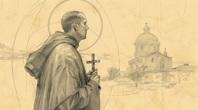 Biblical Illustration of Saint John of Capistrano in deep prayer, holding a cross, serene church setting, piety and missionary dedication, beige background, copyspace