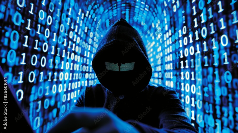 Poster hacker in a dark hooded sweatshirt surrounded by digital binary code, representing cybersecurity thr