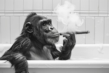 Chimpanzee in Bathtub, Black and White Wall Art