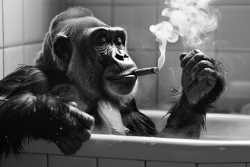 Chimpanzee in Bathtub, Black and White Wall Art