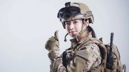 Fototapeta premium Asian female soldier Thumbs up for the great work.