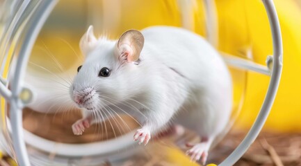 White mouse on a running wheel showcasing pet activity