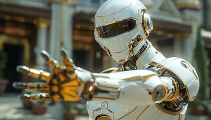 A white robotic figure lies prone on a white surface.