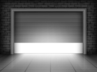 Vector illustration of garage door in brick wall with bright light inside