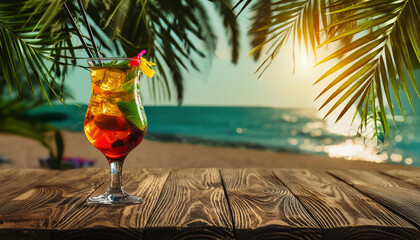  Summer beach party vibes with an empty wooden table with a colorful cocktail and palm leaves. Space for your product and design