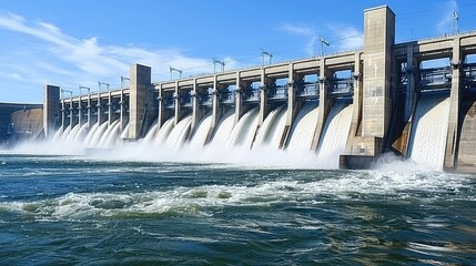 A large dam with water flowing out of it