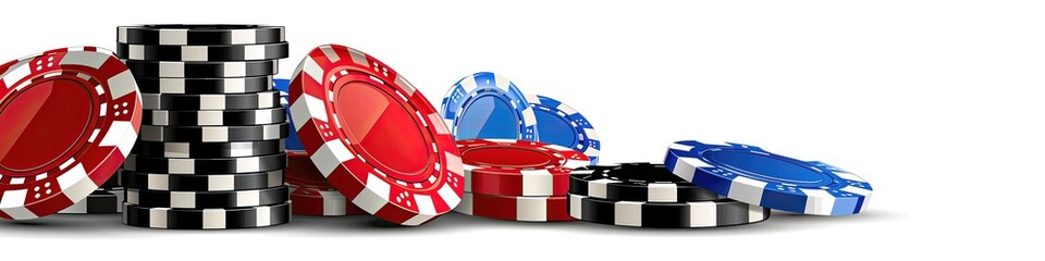 A pile of poker chips with red, blue and black colors