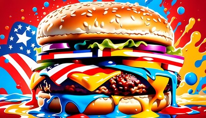 classic american cheeseburger with patriotic flag Celebrating Independence day on 4th July with an American stars and stripes flag in the background, Generative AI