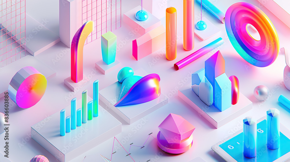 Poster a vibrant and colorful 3d render of graphs, charts, data points, icons and elements for business mar