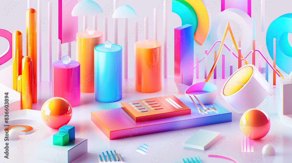 Poster a vibrant and colorful 3d render of graphs, charts, data points, icons and elements for business mar
