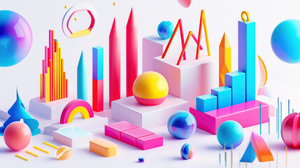 A vibrant and colorful 3D render of graphs, charts, data points, icons and elements for business marketing and social media on a white background