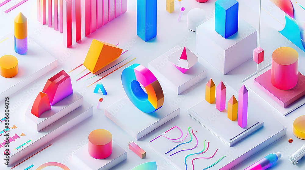 Poster a vibrant and colorful 3d render of graphs, charts, data points, icons and elements for business mar