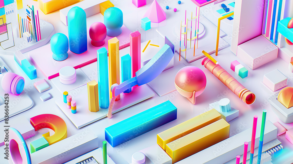 Poster a vibrant and colorful 3d render of graphs, charts, data points, icons and elements for business mar