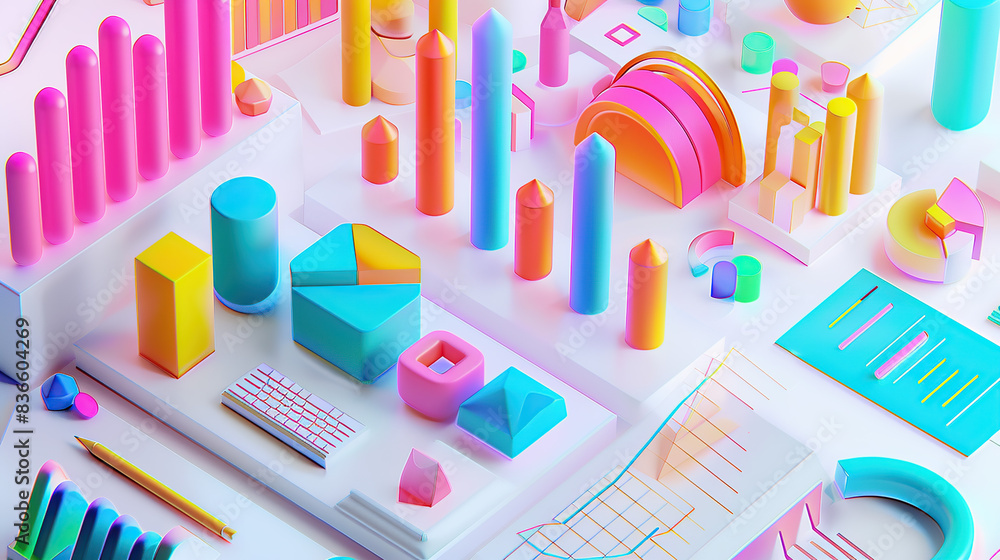 Poster a vibrant and colorful 3d render of graphs, charts, data points, icons and elements for business mar