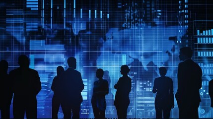 Digital Guardians Silhouetted Figures Analyzing Cybersecurity Data on Virtual Wall