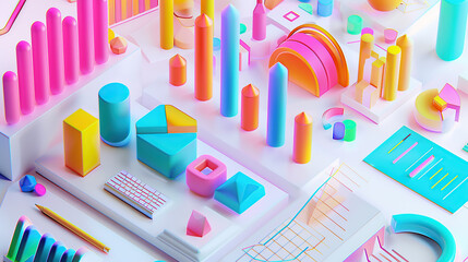 A vibrant and colorful 3D render of graphs, charts, data points, icons and elements for business marketing and social media on a white background