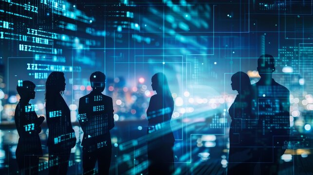Cybersecurity Strategy Silhouetted Professionals Engaged in HighTech Discussion