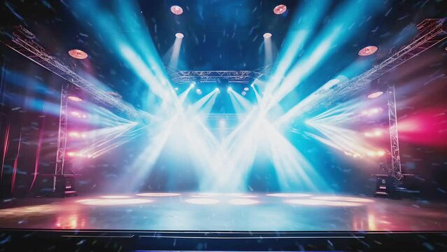 Stage flash light stage shining at studio stage lights. spotlights Laser holograms spins, turns light bright beams. Lighting equipment light effects stage lighting during show