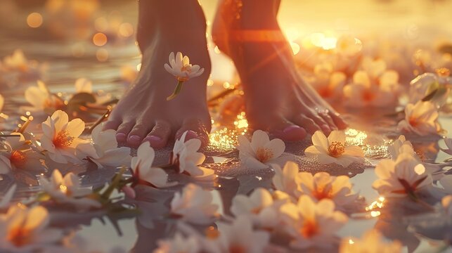 Eleganz der Natur: Nackte Frauenf&uuml;&szlig;e mit Blumen