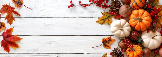 A wide white wooden thanksgiving background with a bunch of pumpkins and leaves