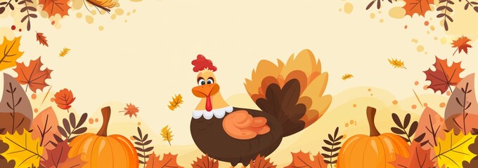 Obraz premium A wide thanksgiving backdrop with a turkey standing in a field of autumn leaves and a large copy space