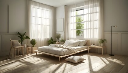 Fototapeta premium Minimalist Serene Bedroom with Natural Light and Greenery