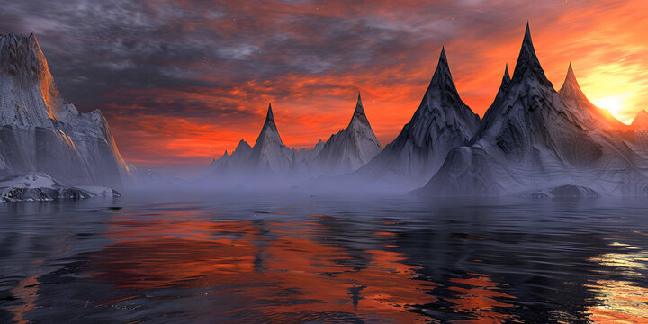 Picos majestosos de montanhas cobertas de neve ao p&ocirc;r do sol