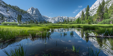 Fototapeta premium Lago de montanha sereno refletindo as árvores circundantes e um céu azul claro